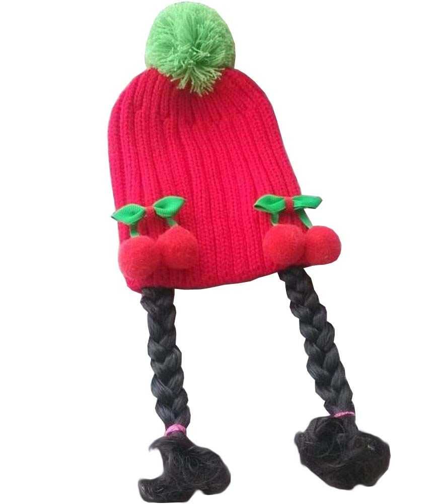 [Red Cherry] Cute Baby Girl Knitted Hat Kids Cap with Braids