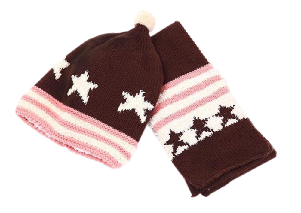 Star Soft Winter Warm Knitted Wool Cap/Hat + Scarf For 8-36 Months Brown