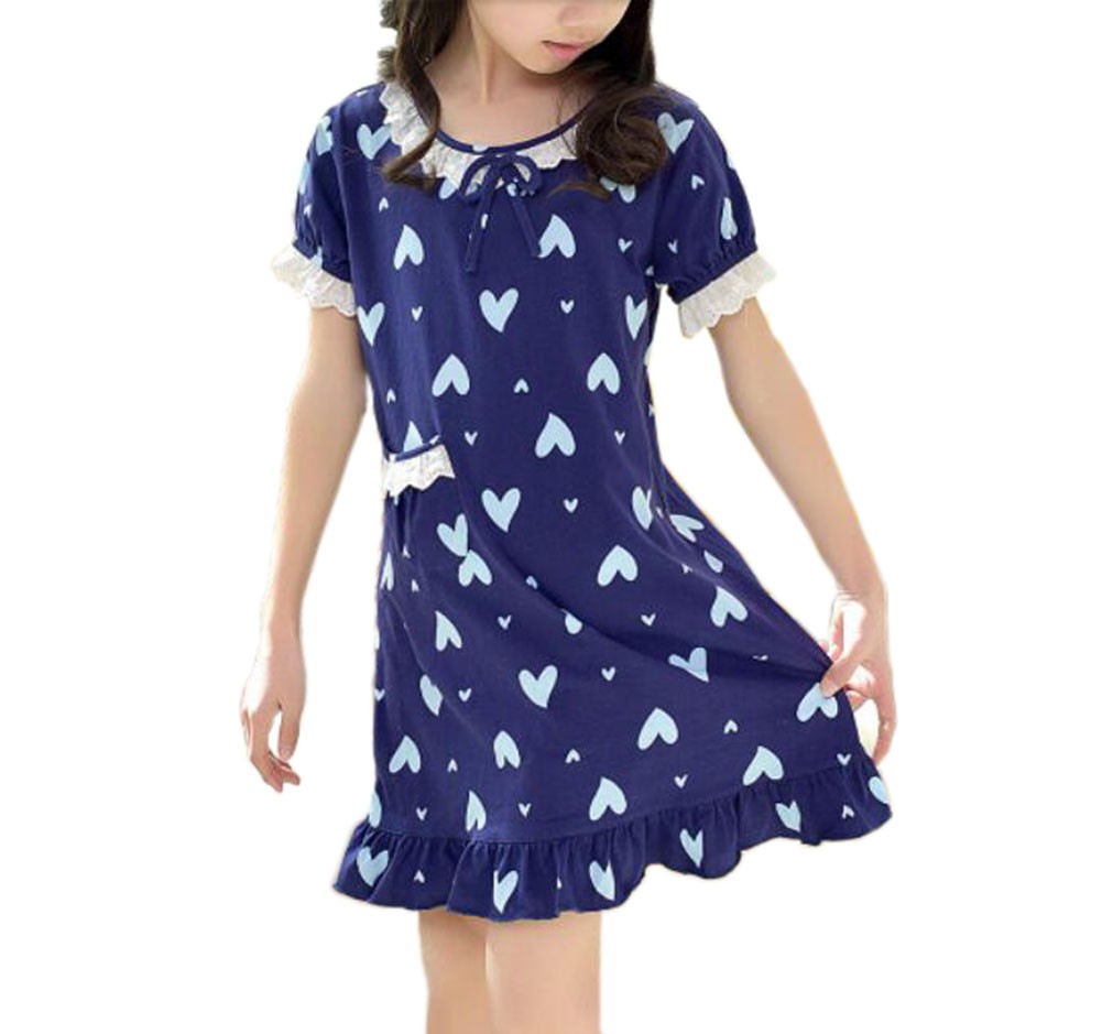 3-5Y Floral Little Girls Blue Nightgown Summer Short Sleeve Sleepwear