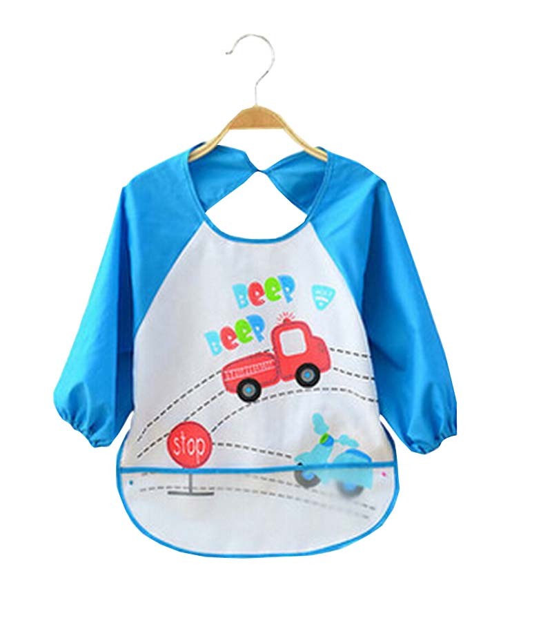 Useful Waterproof Baby Bib Baby Feeding Painting Smock Blue Cars, 1-2 Years