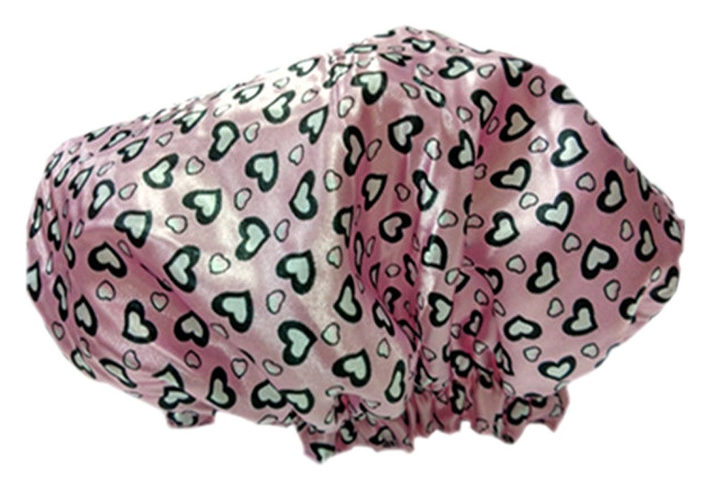 2PCS Satin&PVC Waterproof Multifunctional Double layer Shower Caps, Pink Heart