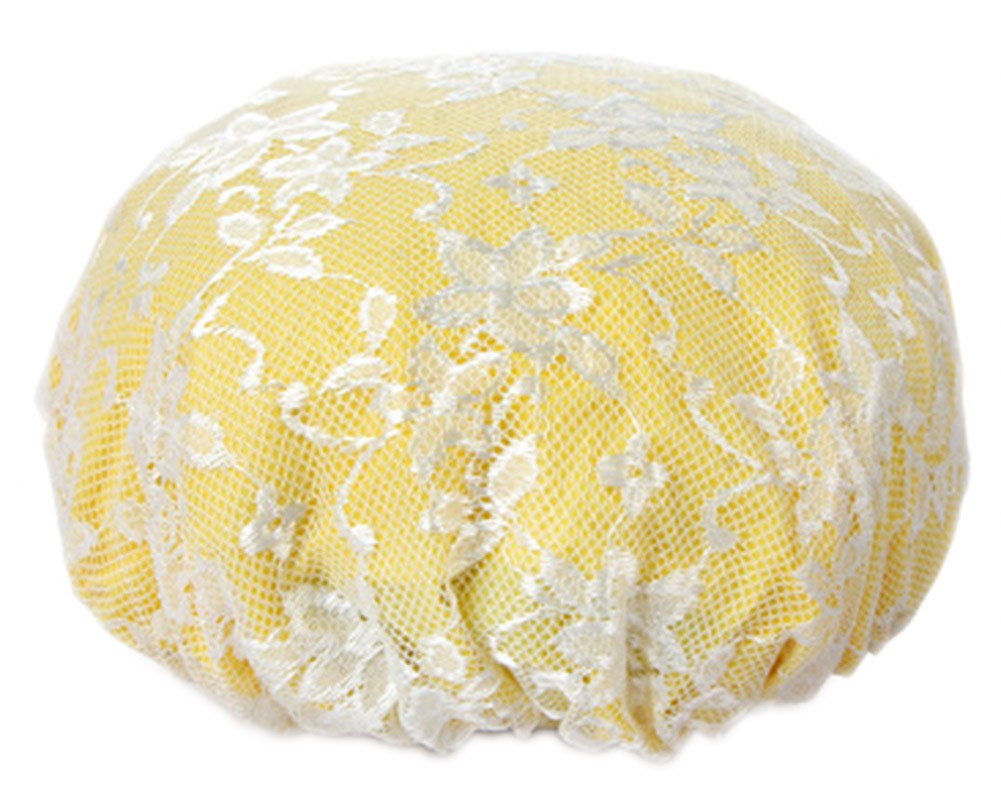 Poly Waterproof Multifunctional Lace Double layer Shower Cap, Yellow C