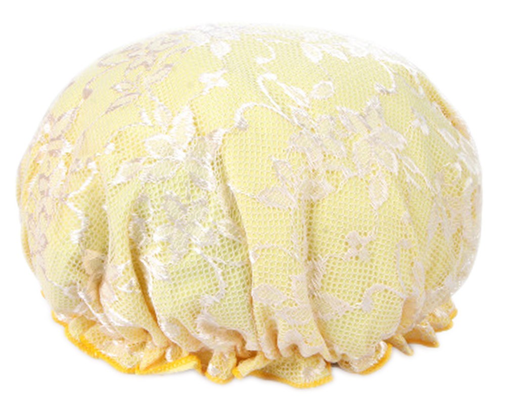 Poly Waterproof Multifunctional Lace Double layer Shower Cap, Yellow D