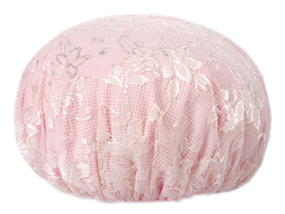 Poly Waterproof Multifunctional Lace Double layer Shower Cap, Pink A