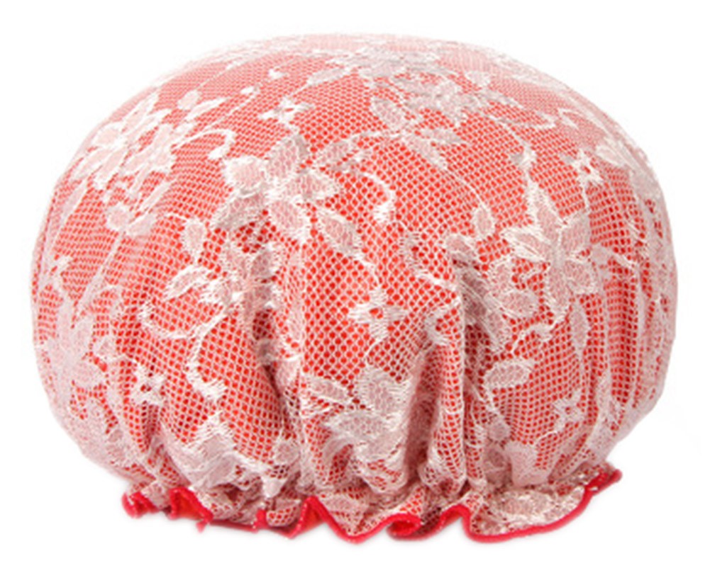 Poly Waterproof Multifunctional Lace Double layer Shower Cap, Red C