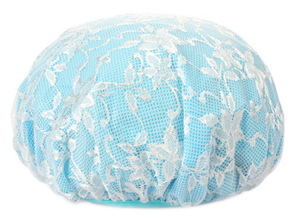 Poly Waterproof Multifunctional Lace Double layer Shower Cap, Blue A