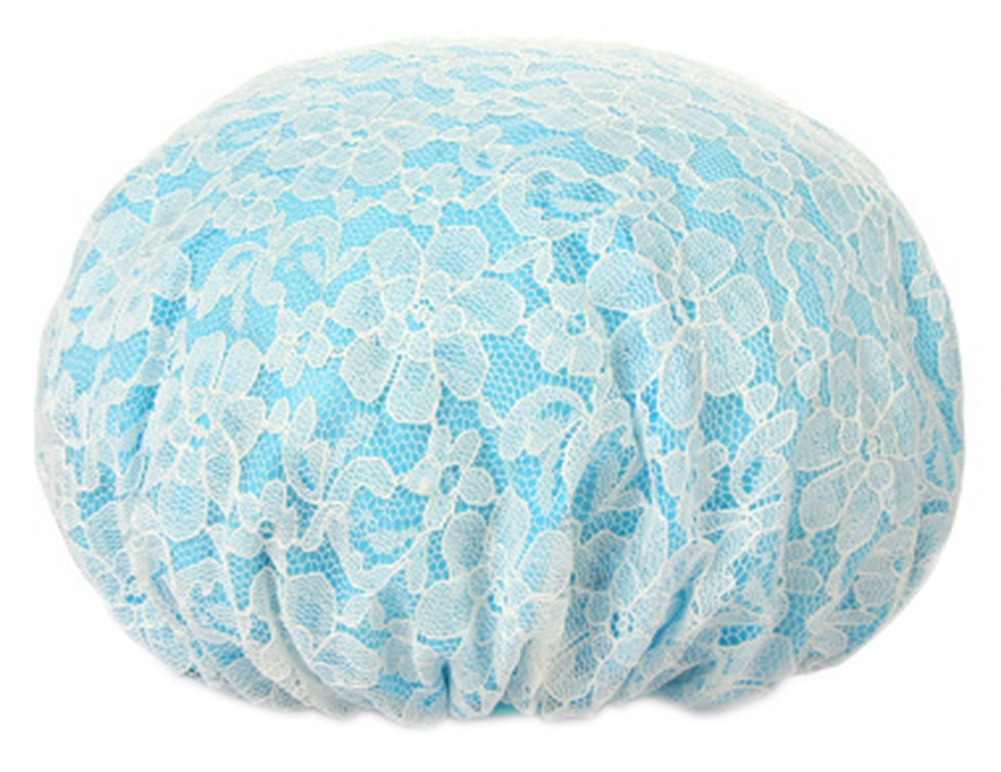 Poly Waterproof Multifunctional Lace Double layer Shower Cap, Blue B