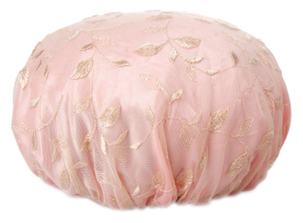 Waterproof Embroidery Lace Double layer Shower Cap, Elegant Pink