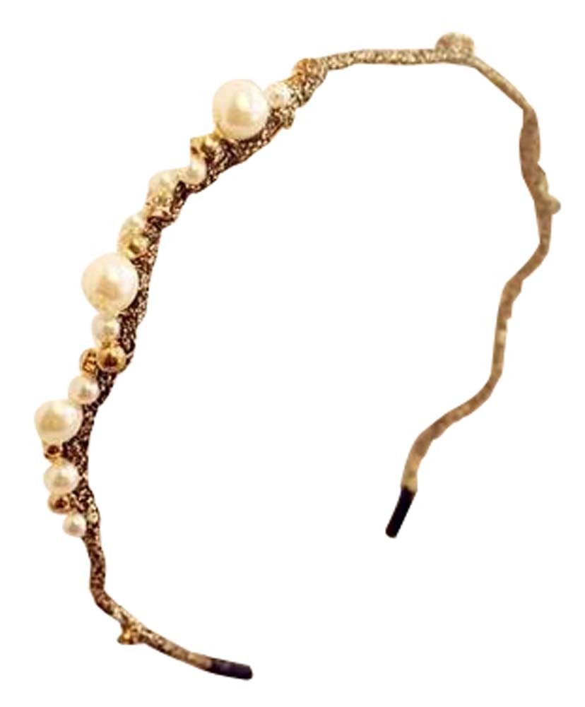 Gold Thread Pearl Beaded Headband Rhinestone Tiara Wavy Shape
