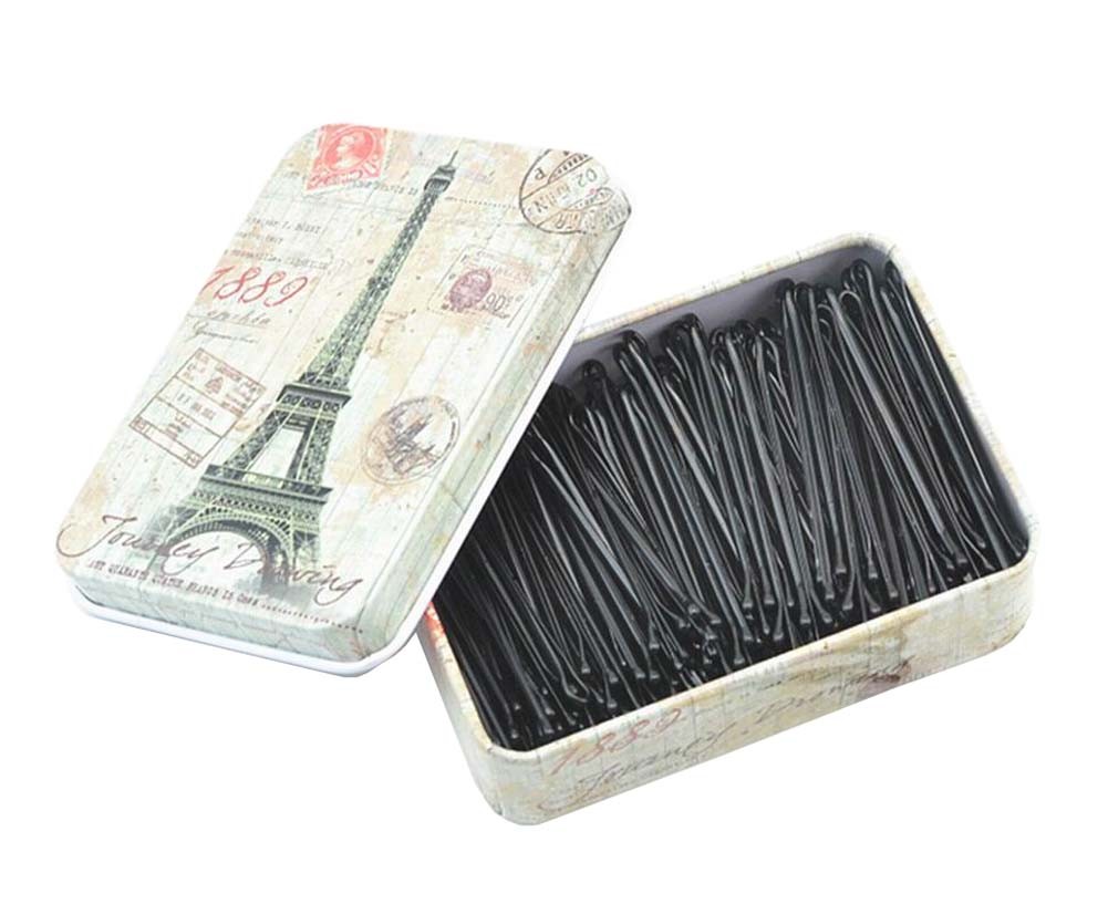 [Tower] 200pcs Black Bobby Pins Metal Hair Pins with Lovely Tin Box