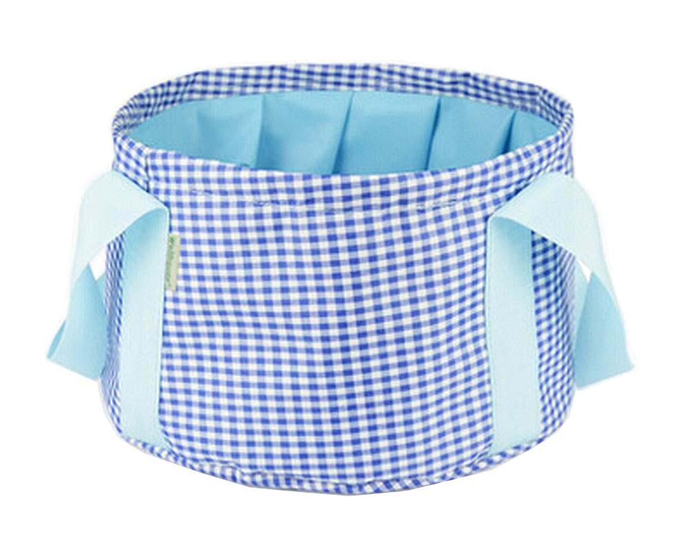 [Plaid Blue] Collapsible Bucket Water Kit Foldable Washbasin Outdoors Basin