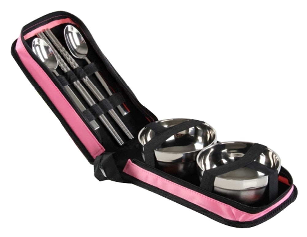 Camping Cooking Outdoor Travel Bag Tableware Stainless Pink A