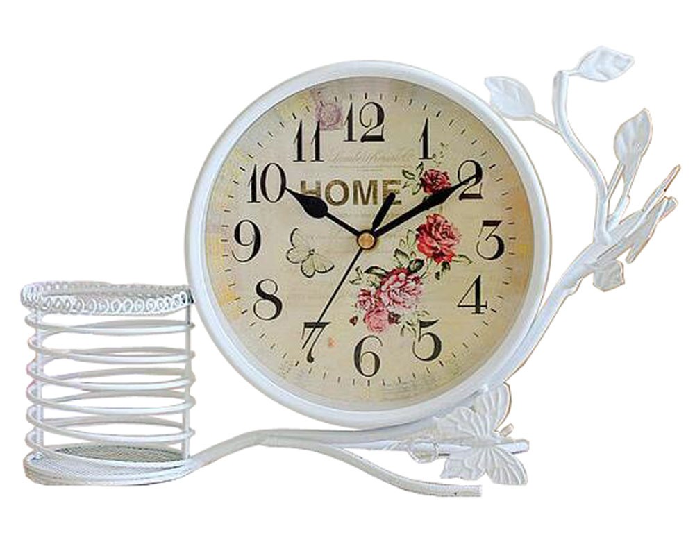 Exquisite Mute Iron Craft Table&Mantle Clock Home Decor 6" [White]