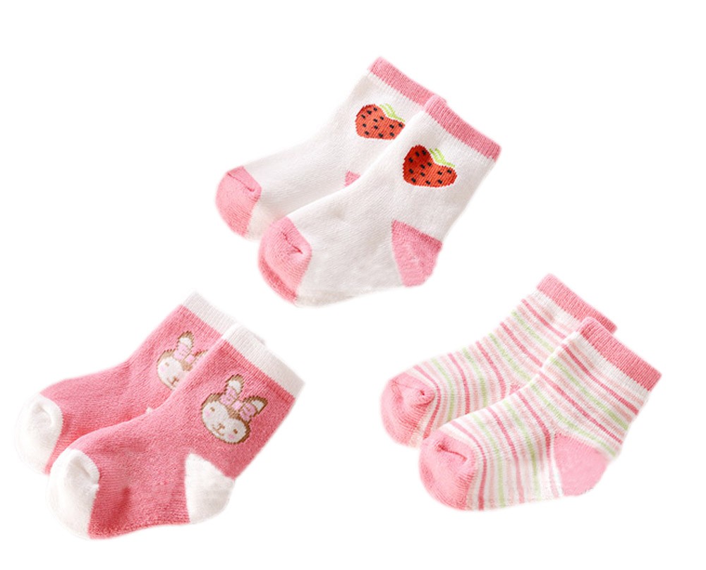 3-Pack, Soft Warm Short Crew Socks for Baby, 1-2 Years, Rabbit&Strawbbery&Stripe