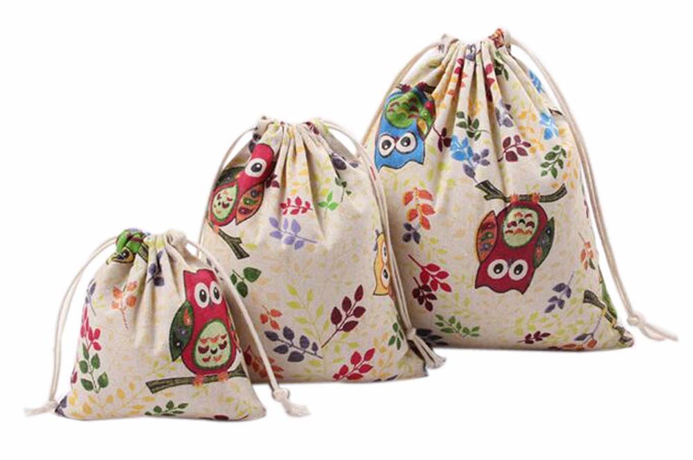 Set of 3 Canvas Practical Travel Sports Storage Drawstring Bags Owl