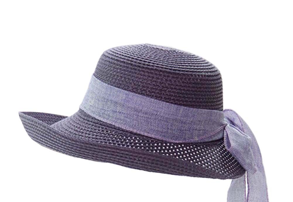 [Purple] Elegant Women Summer Straw Hat Beach Hat Sun Hat Wide Brim Hat