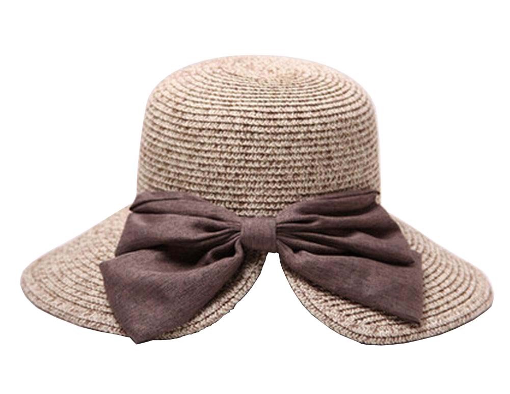 Fashion Women Summer Straw Hat Beach Hat Wide Brim Hat Bow Khaki