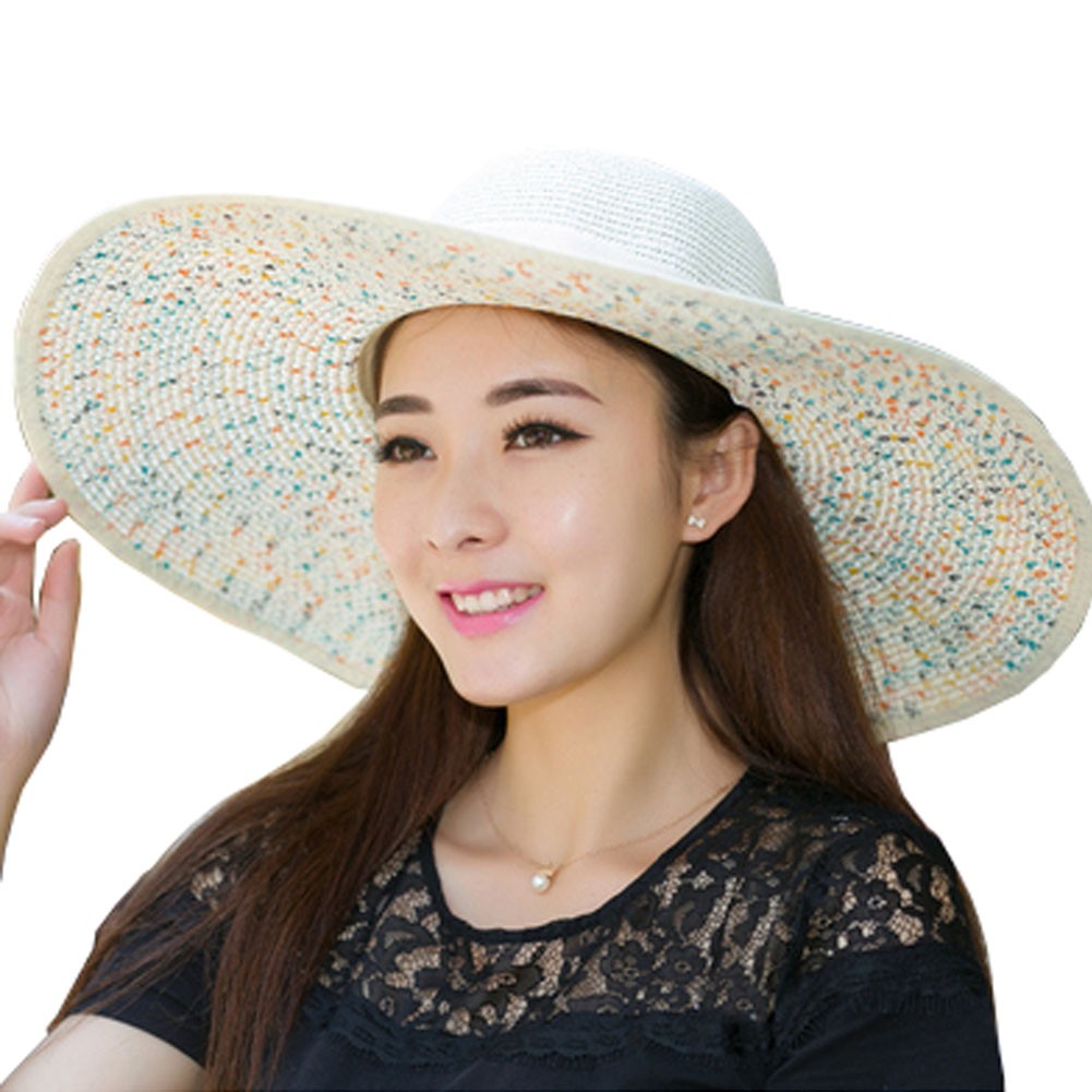Wide Brim Hat Foldable Hat Colored Dots for Women - Milk White