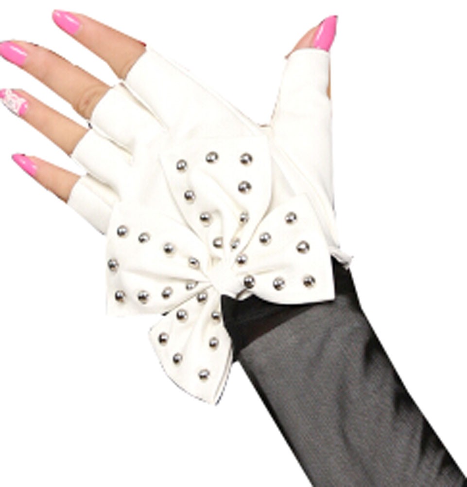 Women Gloves Dance Punk Photography Rivets Fingerless Gloves White Btterfly
