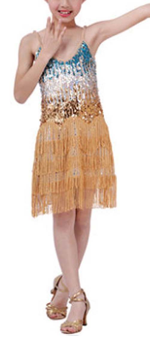 [Bright] Fashion Latin Dance Gold Costumes Girls Latin Costume Performance Dress