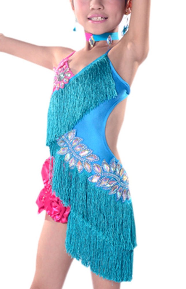 Qualities Tassel Dance Dresses Girls Latin Costume Light Blue Performance Dress