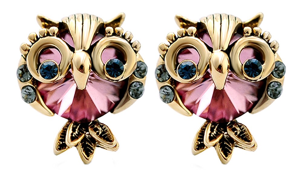 Classic Beautiful Owl Alloy Crystal Dew Stud Earring, Red, 3/7-inch x 1/2-inch