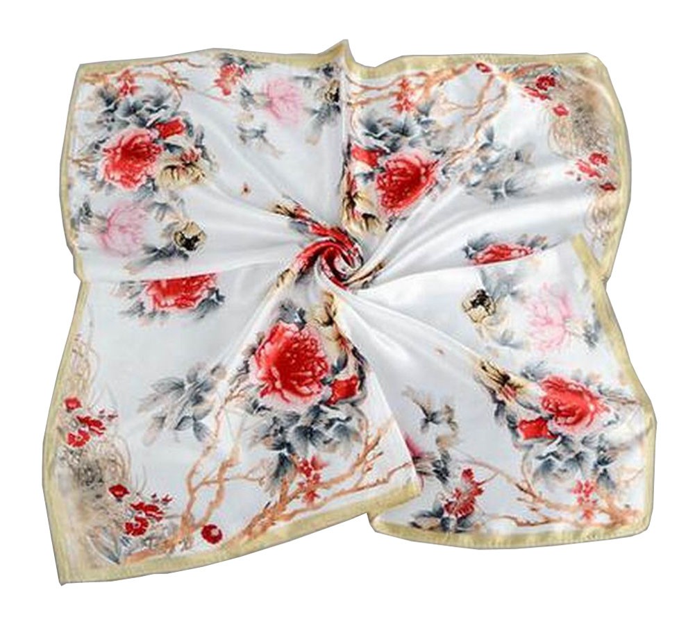 Women Silk Square Scarf Chiffon Neckerchief Ladies Silk Scarf Flower Beige