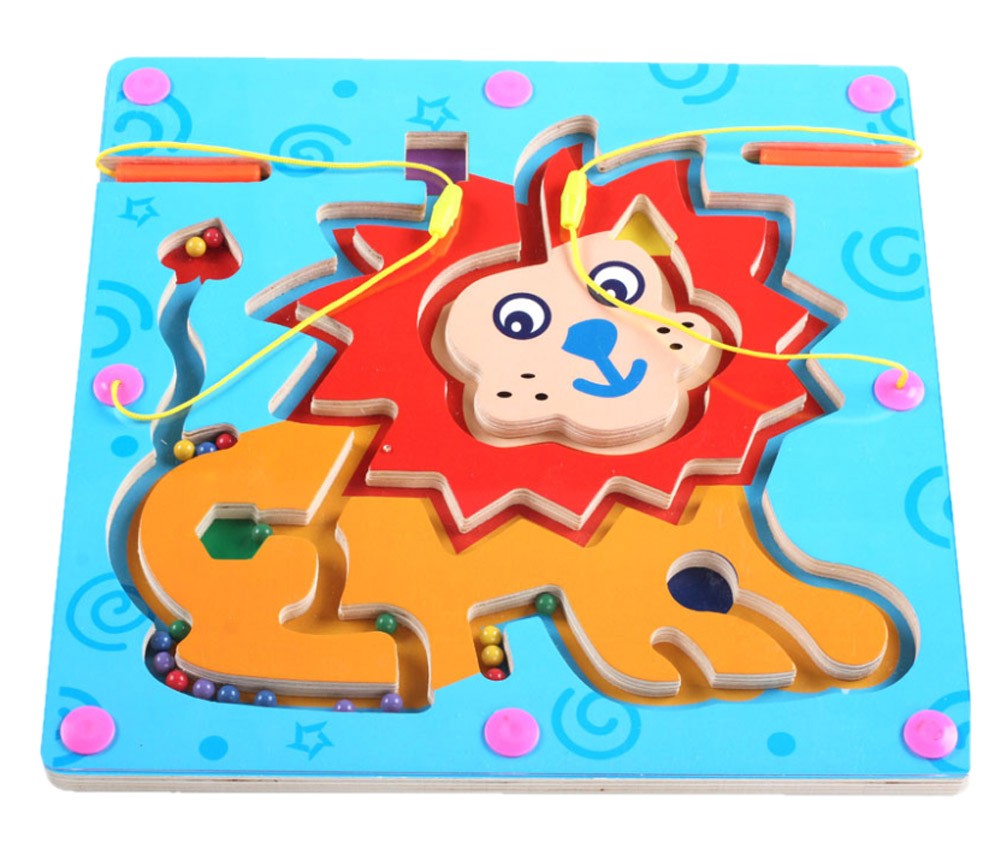 Double-Sided Wooden Kids Toy Maze Puzzle Educational Maze Game Ludo, Lion