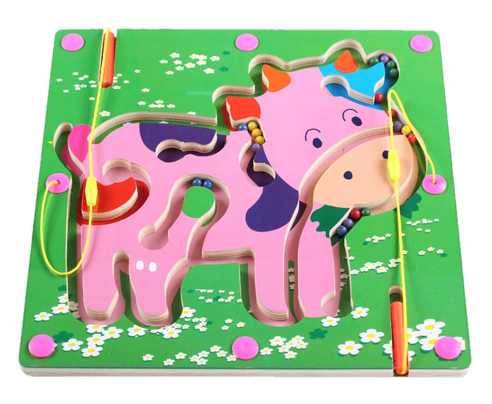 Double-Sided Wooden Kids Toy Maze Puzzle Educational Maze Game Ludo, Cow