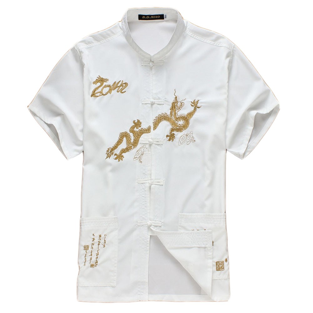[WHITE Dragon]Fashion Men Chinese Short Sleeve Tang Shirt Kung Fu Cloth,180cm