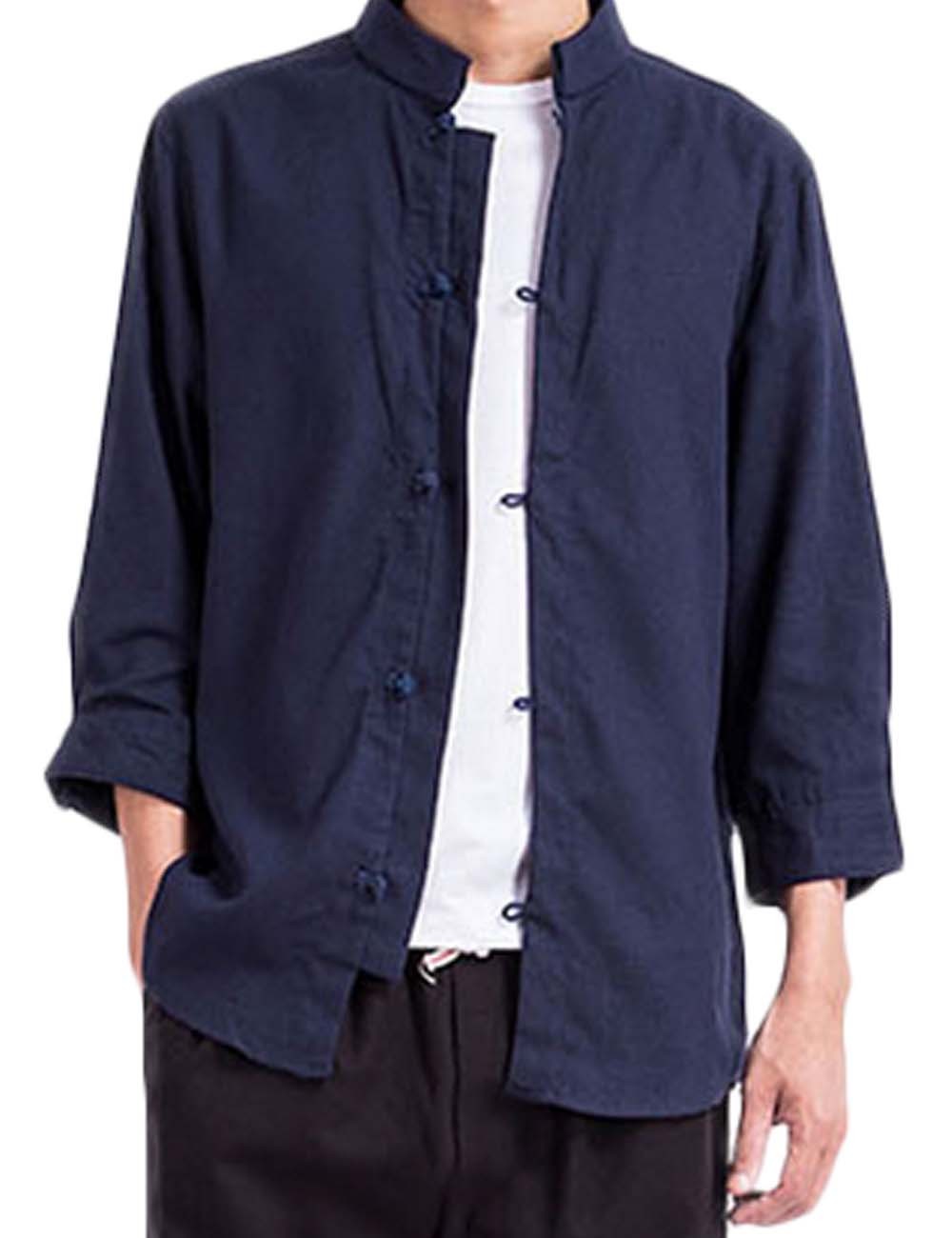 [NAVY] Fashion Men Flax Chinese Short Sleeve KungFu Cloth Men Shirt,XXL
