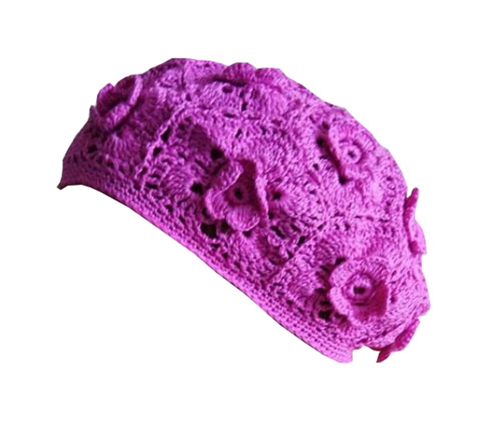 Hand-made Three-dimensional Hook Flower Berets Knitted Artist Hat, Purple