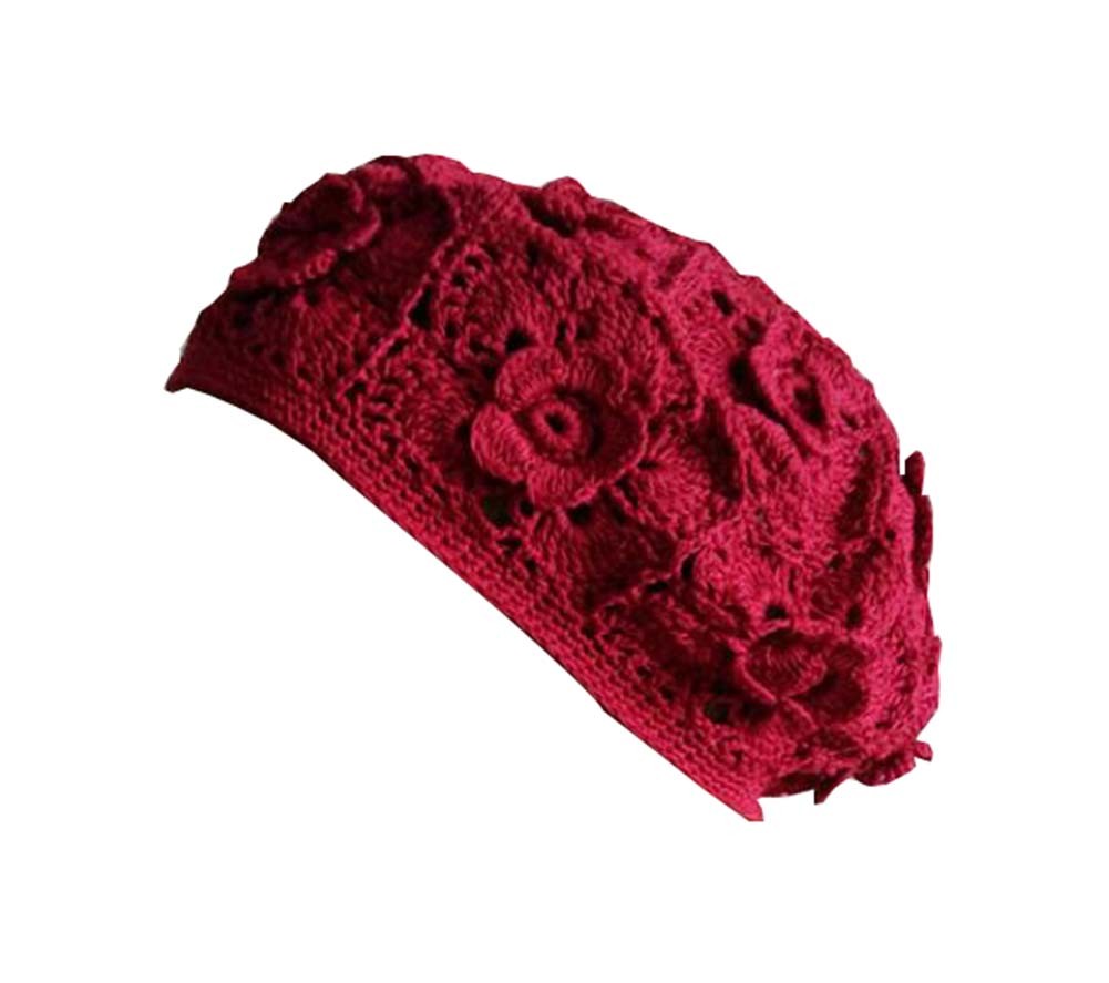 Hand-made Three-dimensional Hook Flower Berets Knitted Artist Hat, Red