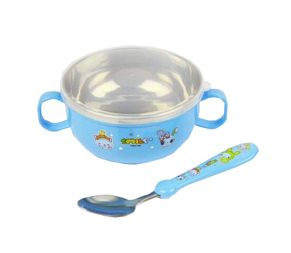 Stainless Steel Baby Bowl & Spoon Home Kids Eating Supply Blue