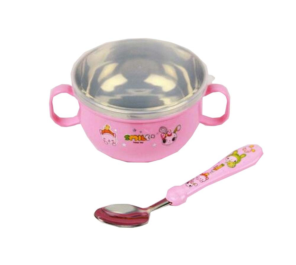 Pink Home Kids Eating Supply Stainless Steel Baby Bowl & Spoon