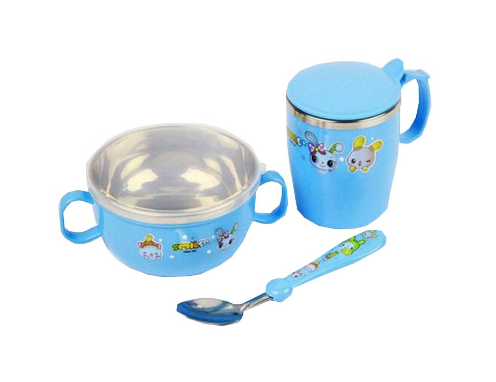 A Set of Baby Bowl Cup Spoon Kids Home Eating Dishes Blue