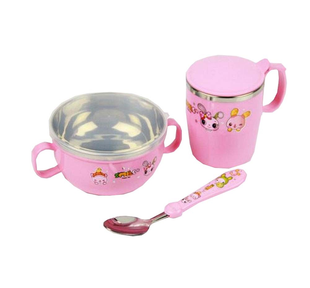 A Set of Baby Home Eating Dishes Pink Bowl Cup Spoon