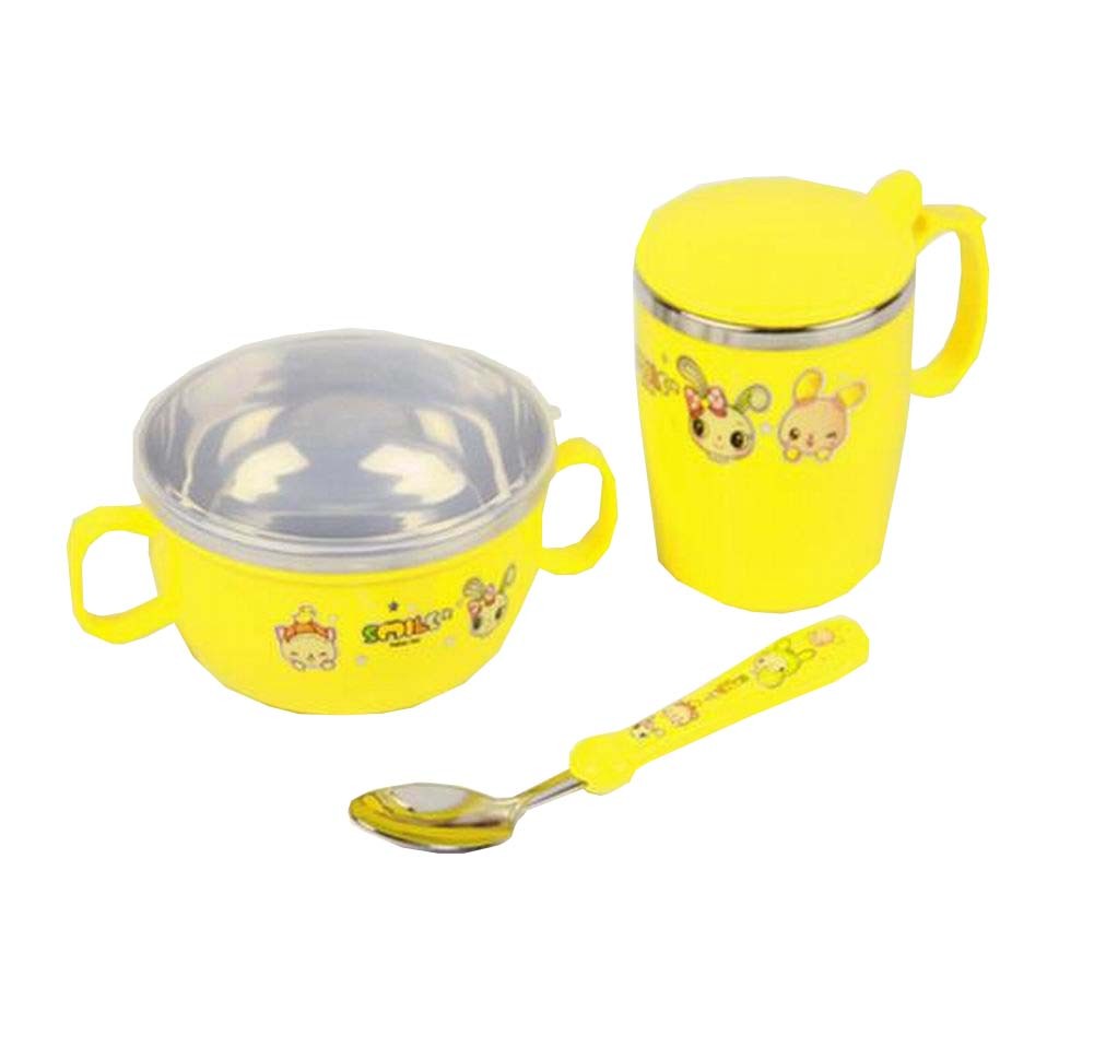 A Set of Baby Home Eating Dishes Yellow Bowl Cup Spoon