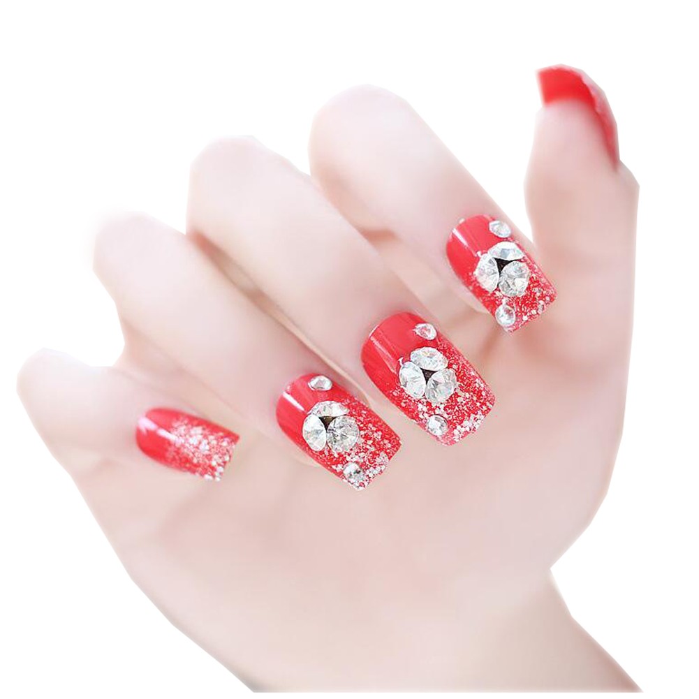 24 PCS Wedding Bride Artificial Nails with Gum (Red)