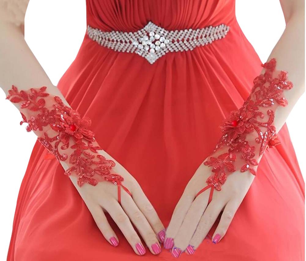 Beautiful Red Womens Wedding Gloves Fingerless Bridal Gloves for Dress Wedding