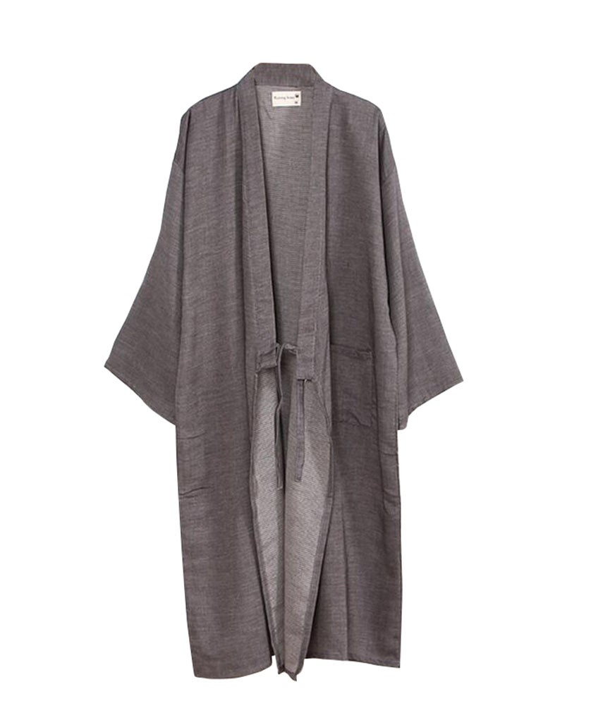 Men Spring/Summer Thin Cotton Gauze Bathrobe Pajams  Kimono Robe-Grey Japanese Style