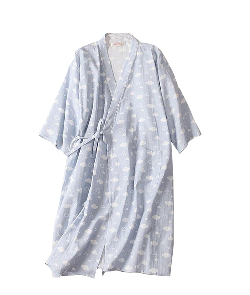 Japanese Style Thin Cotton Gauze Women Spa Robe/Bathrobe/Kimono Skirt-[Blue Cloud]