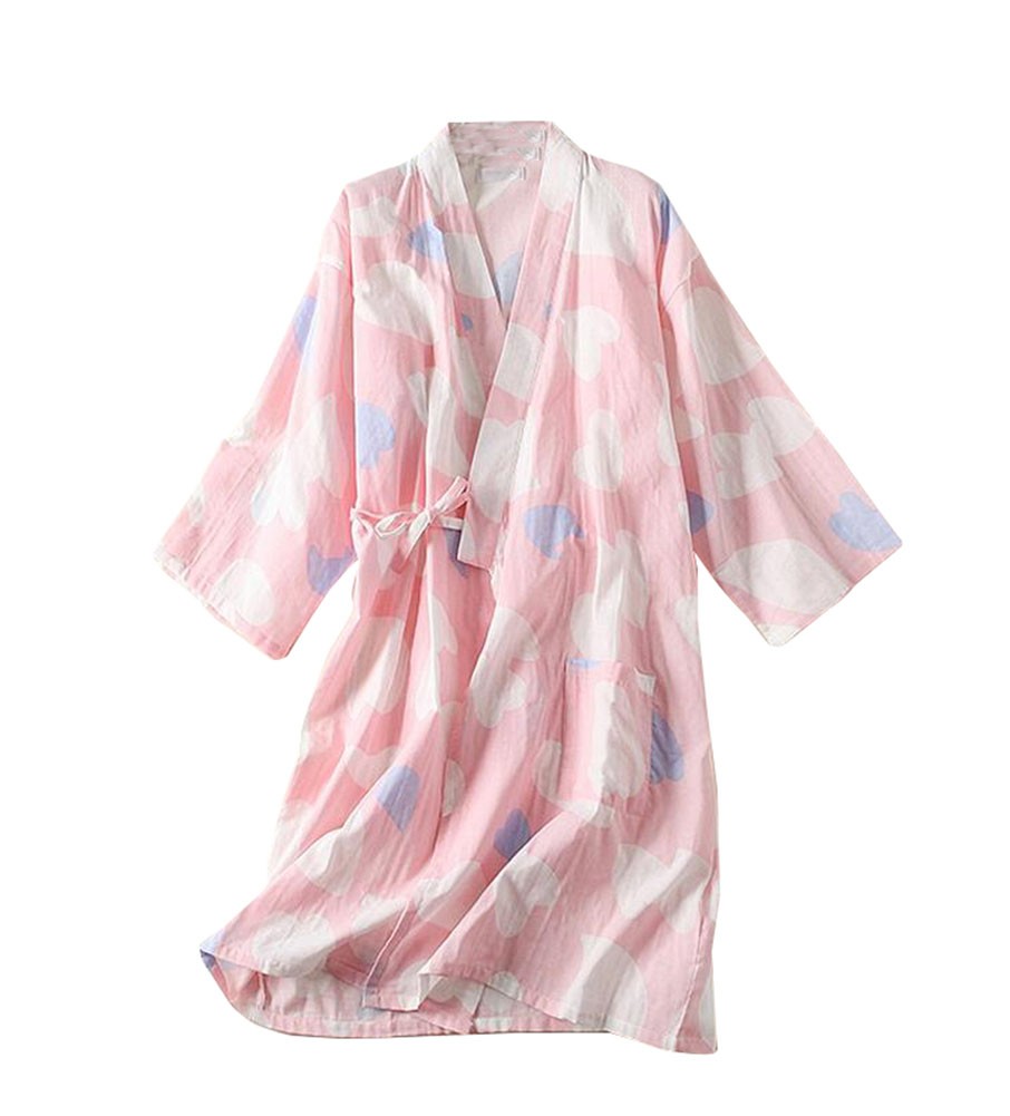 Japanese Style Thin Cotton Gauze Women Spa Robe/Bathrobe/Kimono Skirt-[Pink Heart]