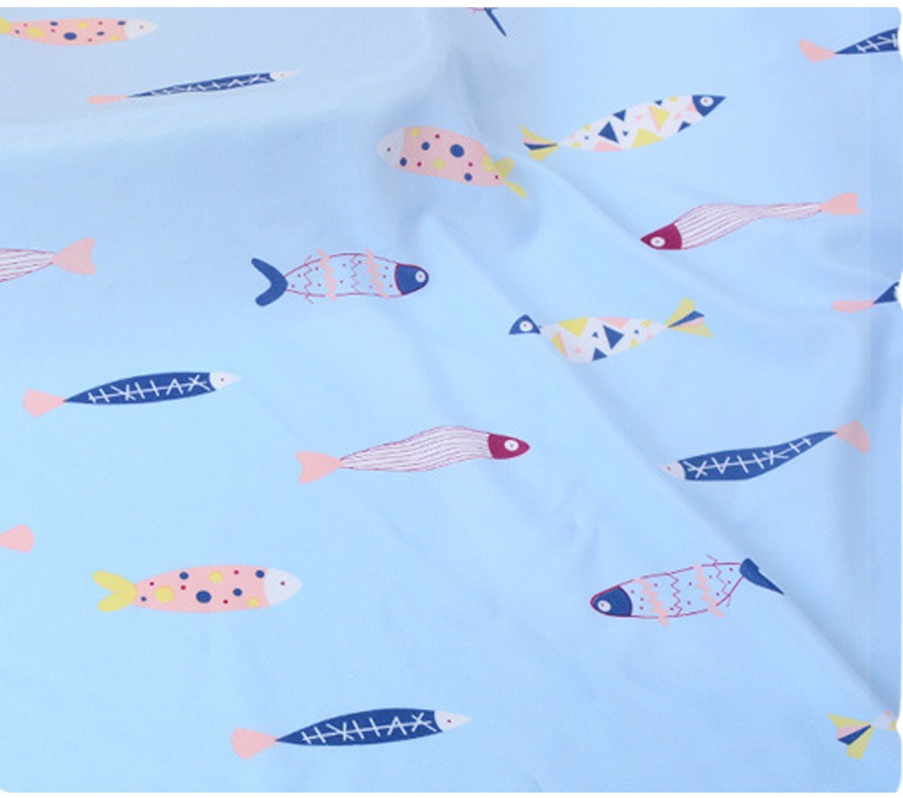 Artificial Cotton Fabric for DIY Clothes Sheets(Thin/ 100*143 cm), Blue Fish