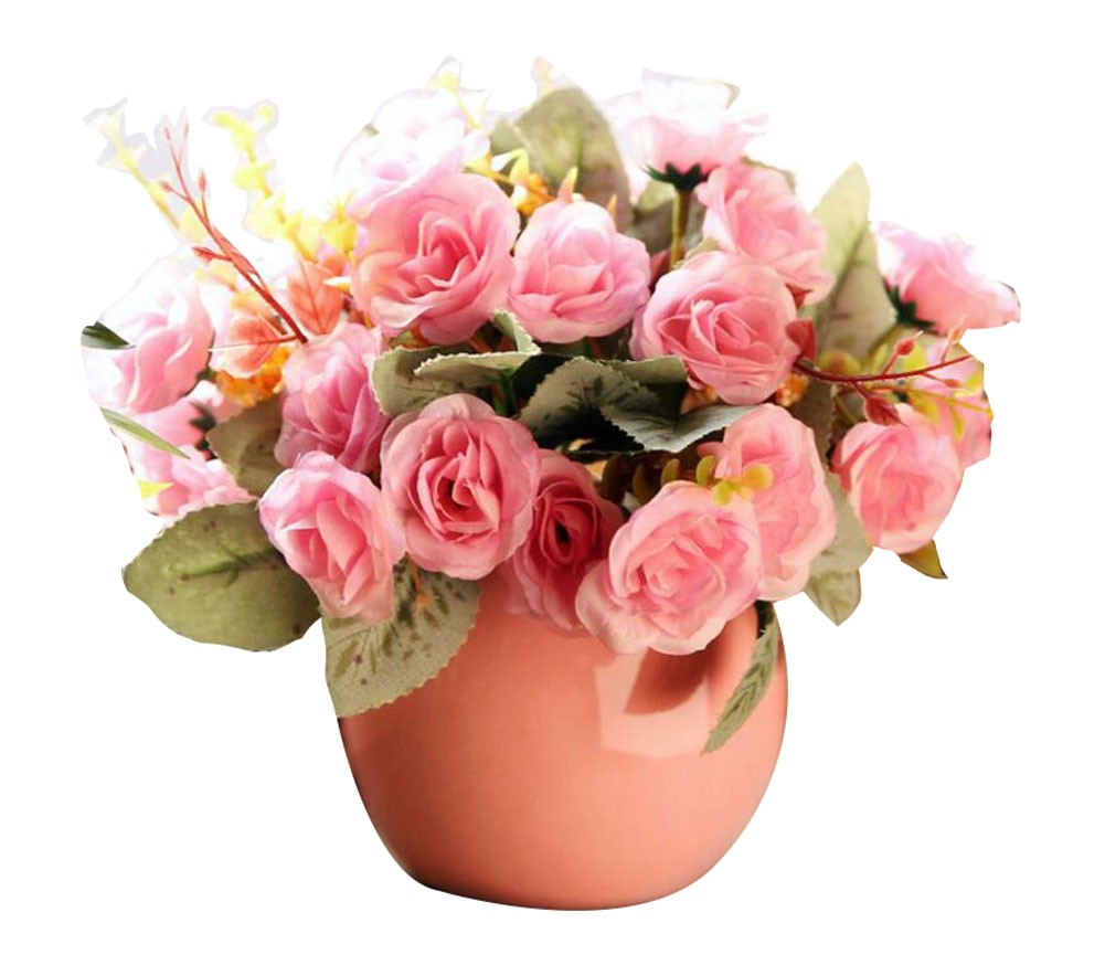 Pink Fake Roses Home Decor Flowers in Ceramics Pot