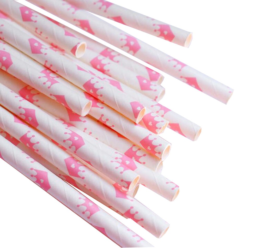 Pink Crown Pattern Paper Drinking Straws 100 Pieces