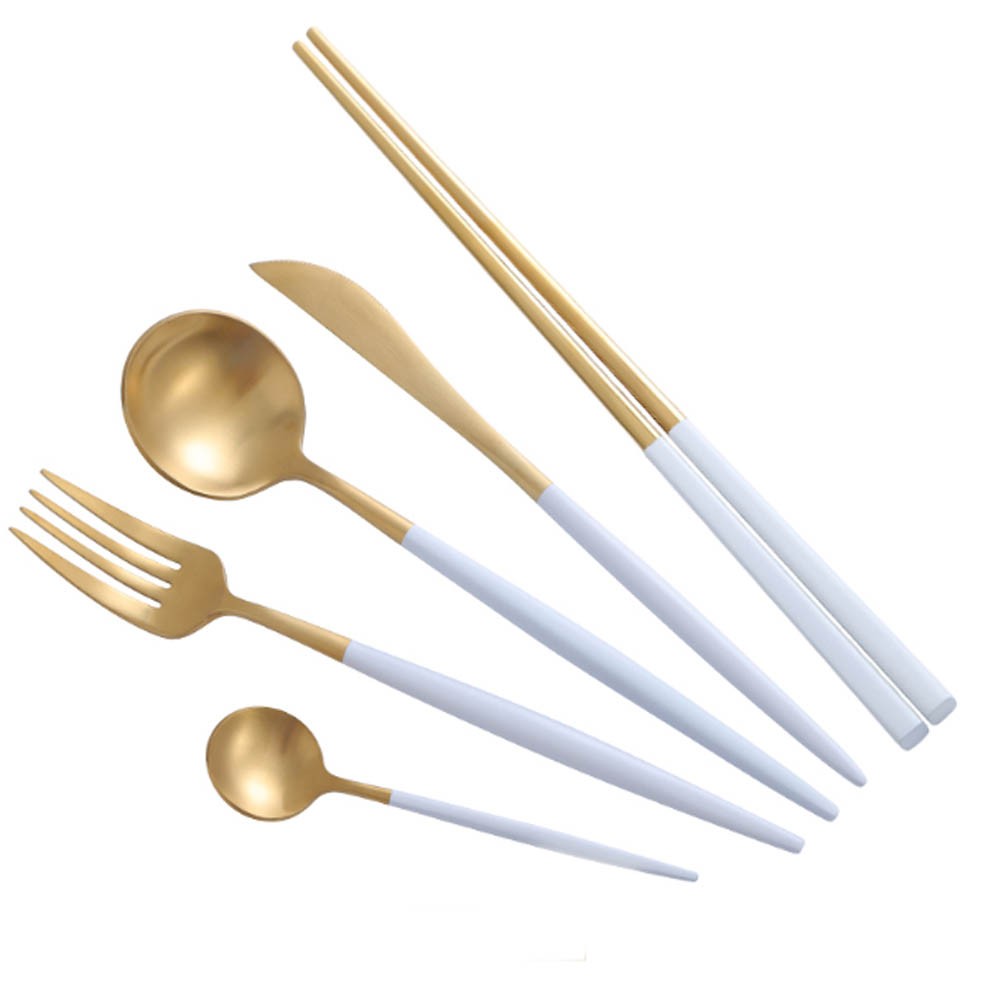 Creative Stainless Steel Five-piece Tableware, White And Golden