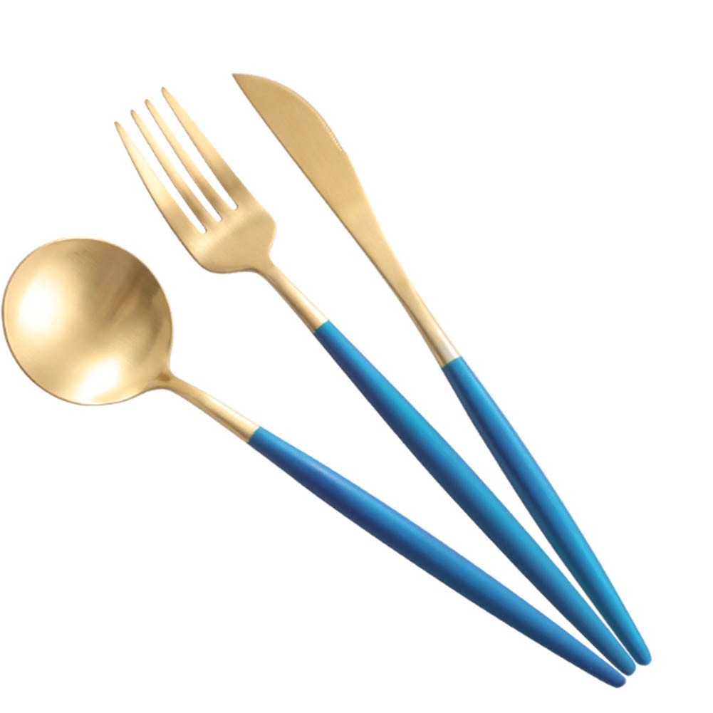Creative Stainless Steel Three-piece Tableware, Blue And Golden