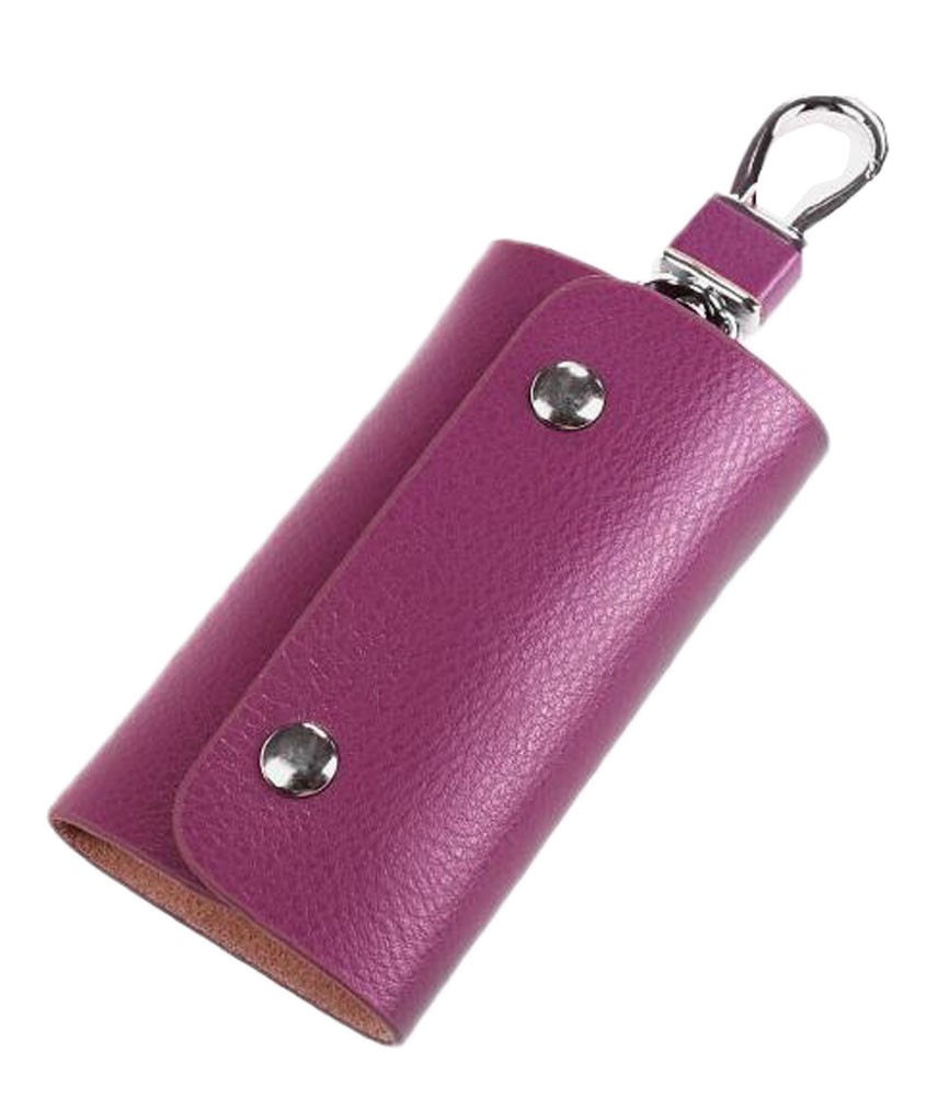 Purple Leather Key Bag Holder with 6 Hooks Snap Closure