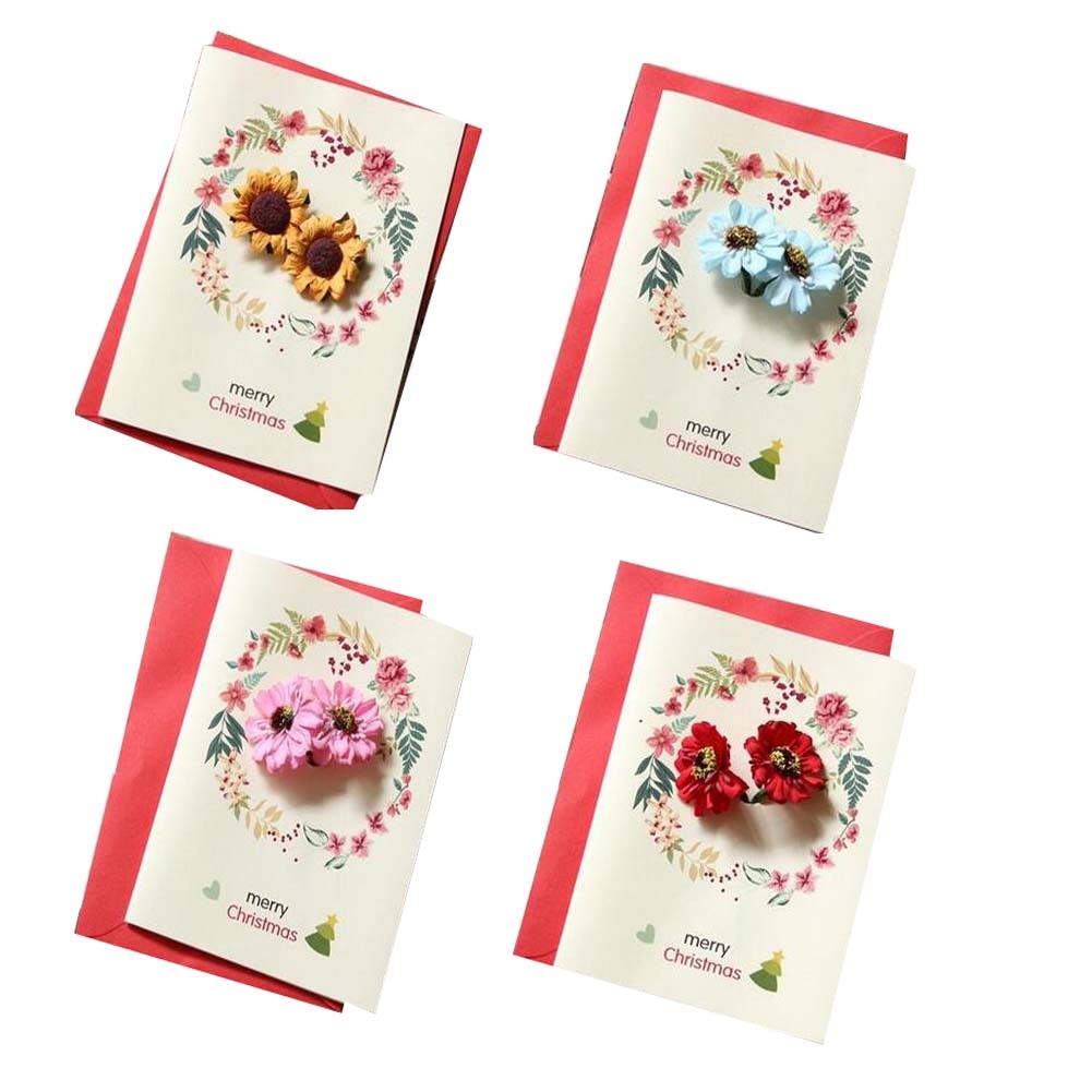 Set of 4 Merry Christmas Greeting Cards with Flowers Wish Cards Set